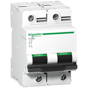 شنايدر إليكتريك مفتاح دوائر صغير، Acti9 C120N، 2P، 63A، منحنى D، 10000A IEC 60898-1، 10 kA IEC 60947-2
