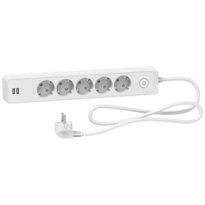 شنايدر إليكتريك مشترك Unica Extend بـ 5 مداخل Schuko مع 2 مدخل USB، كابل 1.5 متر، أبيض
